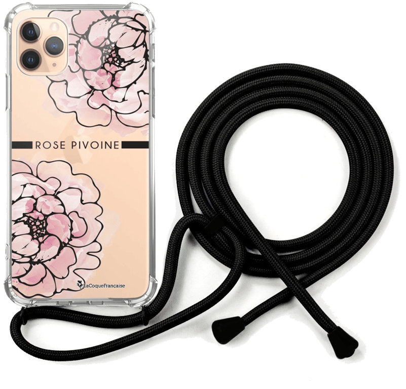 LaCoqueFrançaise Coque cordon Apple iPhone 11 Pro noir Dessin Rose Pivoine