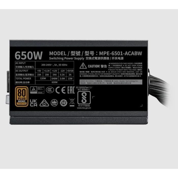 Alimentation COOLER MASTER MWE 650 V3 650 Watt 80 PLUS - vue 3