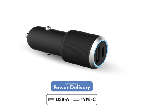 Double Chargeur voiture USB A+C 37W (12+25W) Power Delivery Garanti à vie Noir Force Power Lite