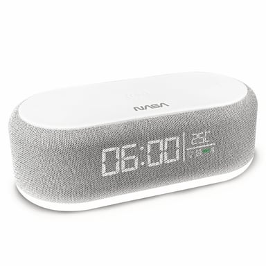 NASA Despertador SPC400 - Radio Despertador, Altavoz Bluetooth, Altavoces 5W x2, Carga Inalámbrica 15W, Luz Nocturna, Batería de Litio, Cable USB-C Incluido - Gris