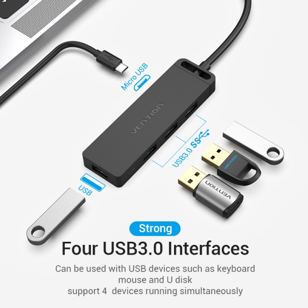 Hub USB C Vention 4 Ports - Haute Vitesse 5 Gbps - Compatible OTG - Large Compatibilité - Couleur N - Neuf
