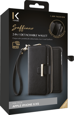 Custodia sottile a portafoglio staccabile 2 in 1 con motivo Saffiano per Apple iPhone X/XS, nero satinato