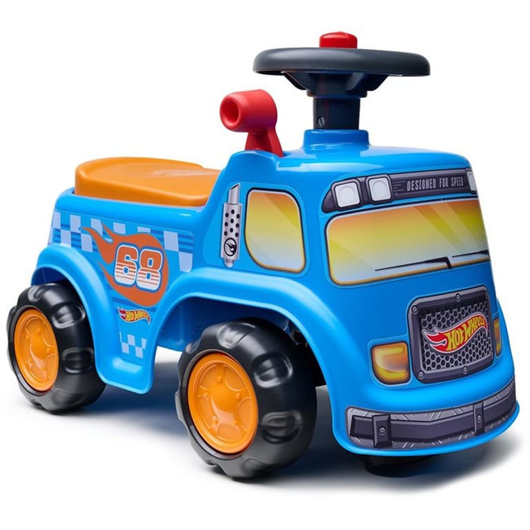 Porteur 1er âge camion Hot Wheels FALK Bleu 4 roues Volant directionnel Klaxon Assise ouvrante Coffre de rangement Plaque personnalisable - Neuf