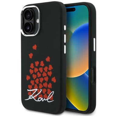 Cover Karl Lagerfeld in silicone con logo « Heart Sign » e MagSafe per iPhone 16, nera