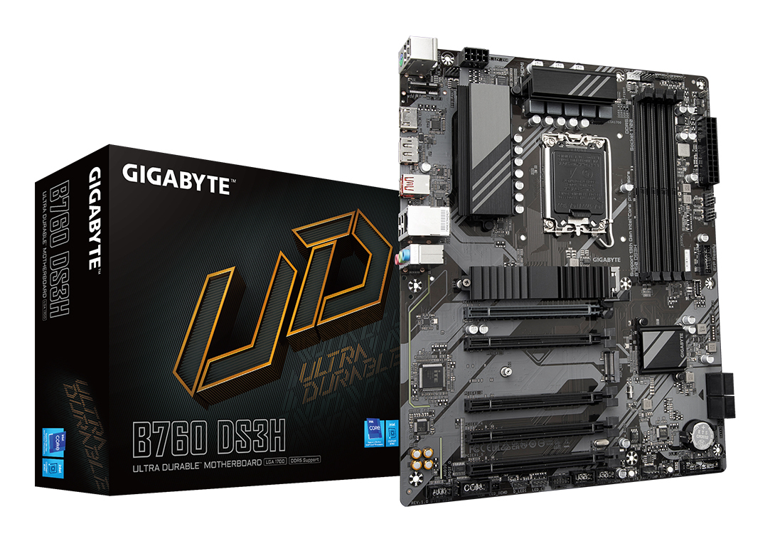 GIGABYTE B760 DS3H Carte Mère Compatible avec les processeurs Intel Core 14e génération VRM numérique 8+2+1 phases jusqu'à 7600MHz DDR5 OC 2x PCIe 4.0 .2 LAN GbE USB 3.2 Gen 2x2 Neuf