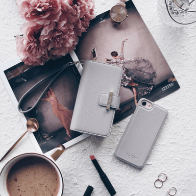 Custodia sottile rimovibile a portafoglio 2 in 1 con motivo Saffiano per Apple iPhone 6/6S/7/8/SE 2020/SE 2022, Grigio chiaro