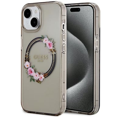 Custodia Guess IML Flowers Wreath MagSafe per iPhone 15, nera