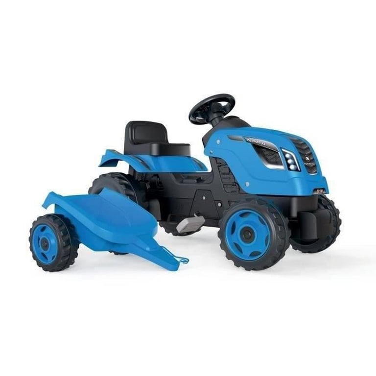 Tracteur à pédales SMOBY Farmer XL avec remorque détachable Bleu, siège réglable 3 positions, roue de direction avec klaxon - Neuf