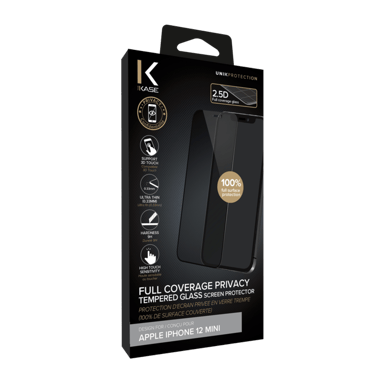 Pellicola protettiva privata in vetro temperato (100% di copertura della superficie) per Apple iPhone 12 mini, nero