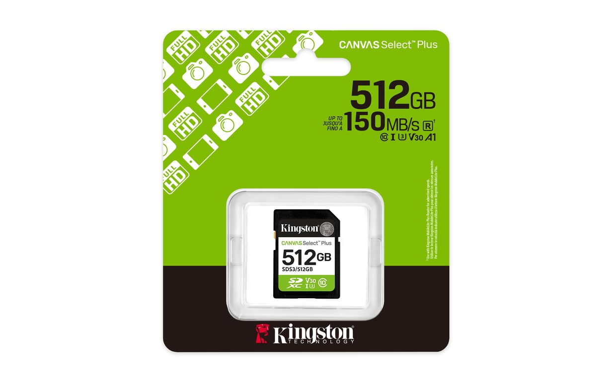 Kingston Technology 512 Go SDXC Canvas Select Plus Gen3 150 Mo/s C10 UHS-I U3 V30 - Neuf