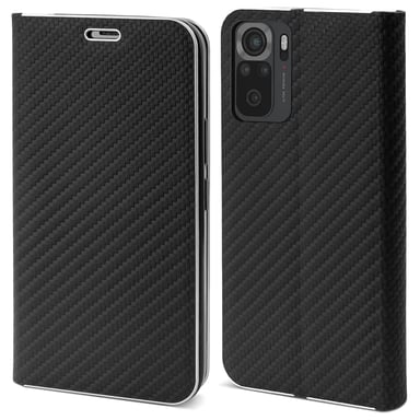 Moozy Étui Portefeuille pour Xiaomi Redmi Note 10 / Note 10S, Noir Carbone - Étui à Rabat avec Bordure Métallique Fermeture Magnétique Flip Cover avec Porte-Cartes et Fonction Béquille