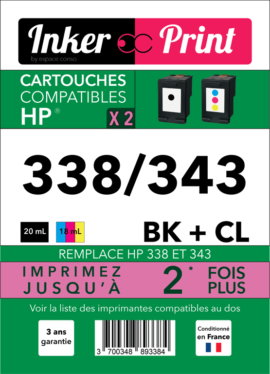 Pack de Cartouches d'encre recyclées compatibles avec HP 338 / 343 XL (Noir et Couleurs)