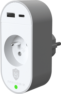 Parafoudre 1 prise Type E 540J + 2 ports USB A+C PD Grise et Blanche + Garantie à vie Force Power Lite