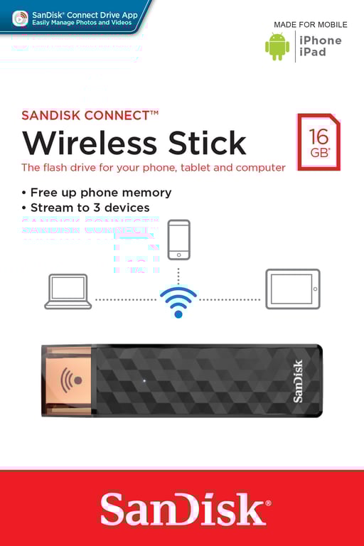 SanDisk Connect Wireless Stick lecteur USB flash 16 Go USB Type-A 2.0 Noir - Neuf