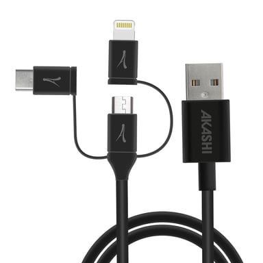 Câble USB vers USB-C, Lightning, Micro-USB Charge Synchronisation 1m Akashi Noir - Neuf