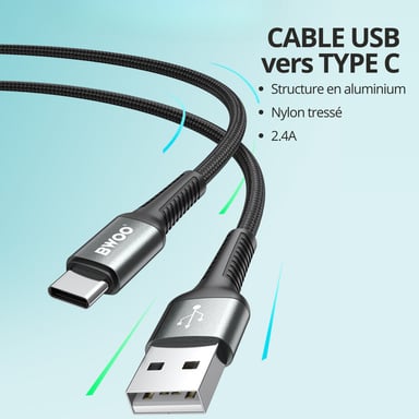 Câble USB 3.0 vers USB-C BWOO 1m noir - Charge rapide 60W - Nylon tressé et aluminium