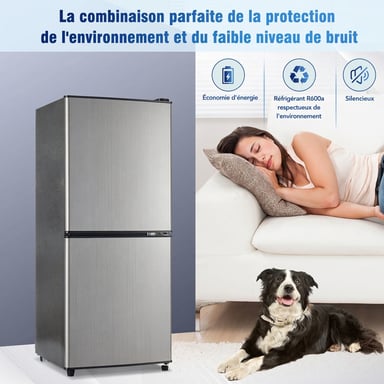 Roline Mini Réfrigérateur Congélateur 106L Petit Frigo 2 Portes Argenté Silencieux Bureau