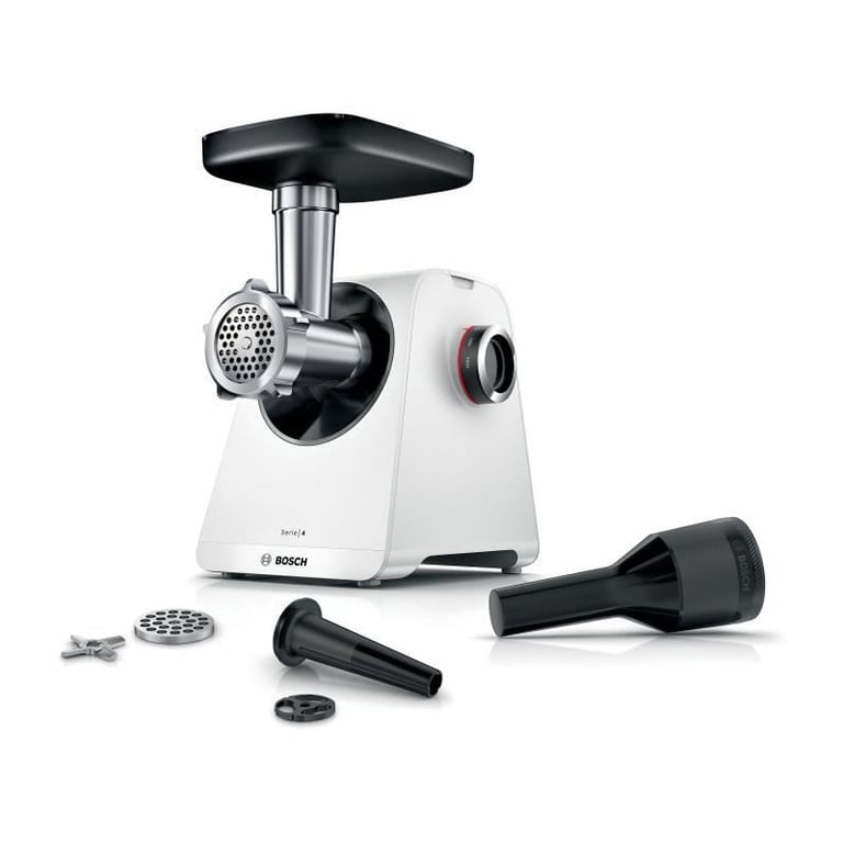 Hachoir a viande - BOSCH - MFWS420W Série 4 - Blanc - 500 W - moteur bloqué 1900 W - 2,5 kg/mn - 2 vitesses - 2 grilles de hac - Neuf