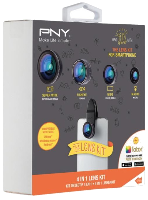 PNY The Lens Kit 4 en 1 Kit d'Objectifs pour Smartphone Noir