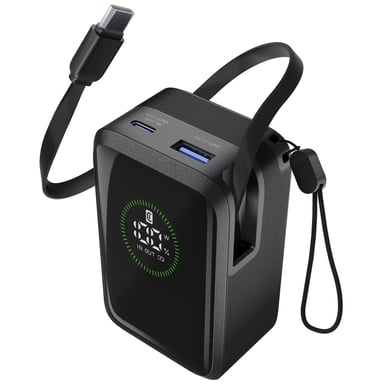 Cellularline Power Bank Roller 10000 Power bank da 10 000 mAh con una potenza di uscita fino a 45W. Grazie al cavo USB-C integrato e al display LCD, offre ricariche rapide, pratiche e sempre sotto controllo