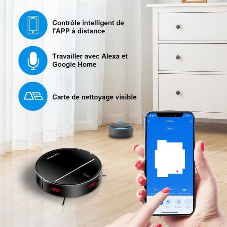 Liectroux Aspirateur robot M7S Pro 2-en-1 aspiration 3000 Pa 4400 mAh brosse + serpillères navigation cartographique application WiFi 2,4 GHz Noir - vue 3