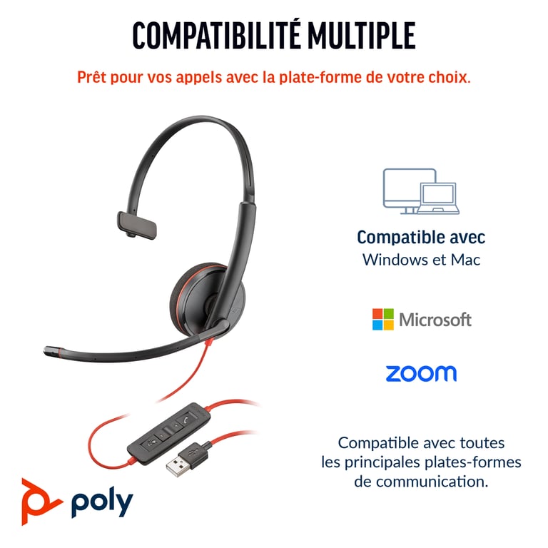 POLY Micro casque Blackwire 3210 monaural USB C + adaptateur USB CA Neuf - vue 8