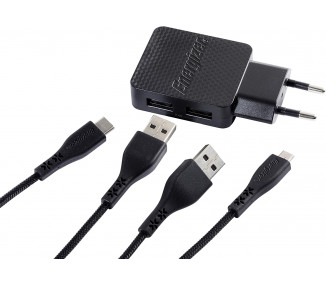 Cargador de red con garantía de por vida - 2,4A - 2USB - enchufe UE - cables USB-C 2.0 y Micro-USB incluidos.
