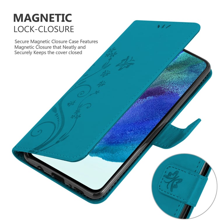 Coque pour Samsung Galaxy S22 en BLEU FLORAL Housse de protection Étui au design floral avec fermeture magnétique, fonction de support et emplacements pour cartes