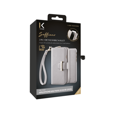 Custodia sottile rimovibile a portafoglio 2 in 1 con motivo Saffiano per Apple iPhone 6/6S/7/8/SE 2020/SE 2022, Grigio chiaro