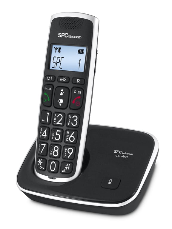 SPC Comfort Kaiser Téléphone Fixe sans Fil Senior avec Touches et Chiffres Son Extra amplifié 2 mémoires directes répertoire téléphonique et Mains Libres