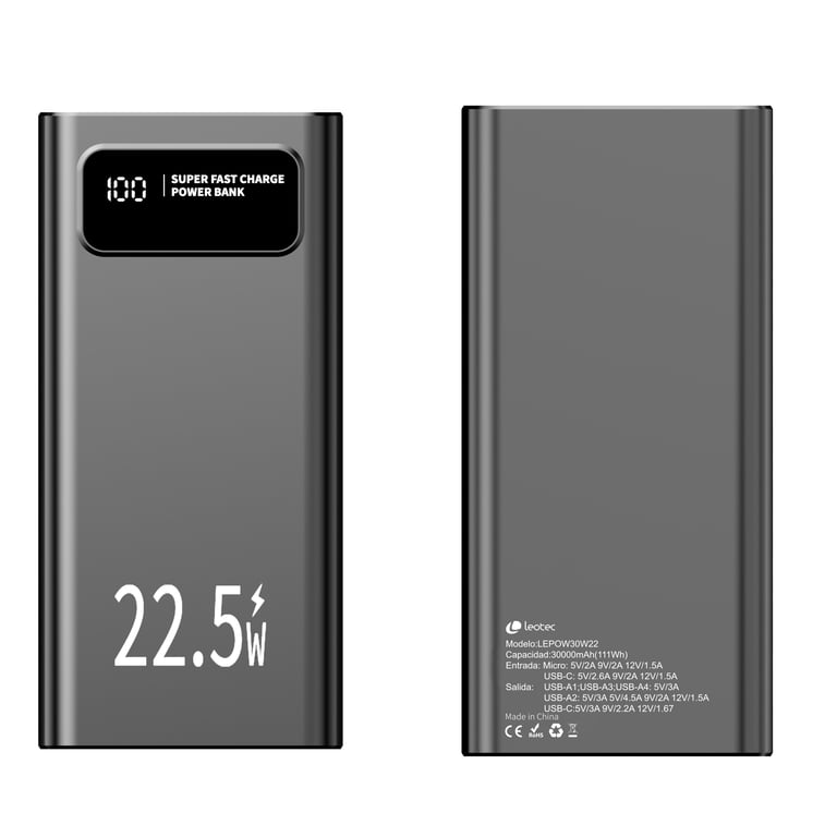 Leotec LEPOW30W22K banque d'alimentation électrique Lithium Polymère LiPo 30000 mAh Neuf