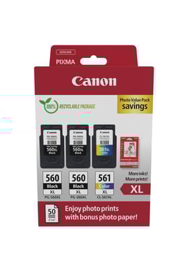 Canon PG-560XL/CL-561XL Pack de 3 Cartouches d'Encre Originales + Papier Photo Brillant GP-501 - 371