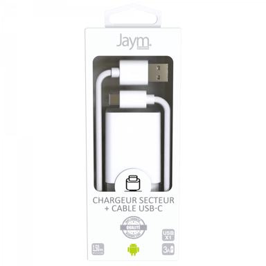 Pack cargador de red 1 USB 2,4A - 1,5 metros + cable USB a USB-C S - Colección POP - Blanco