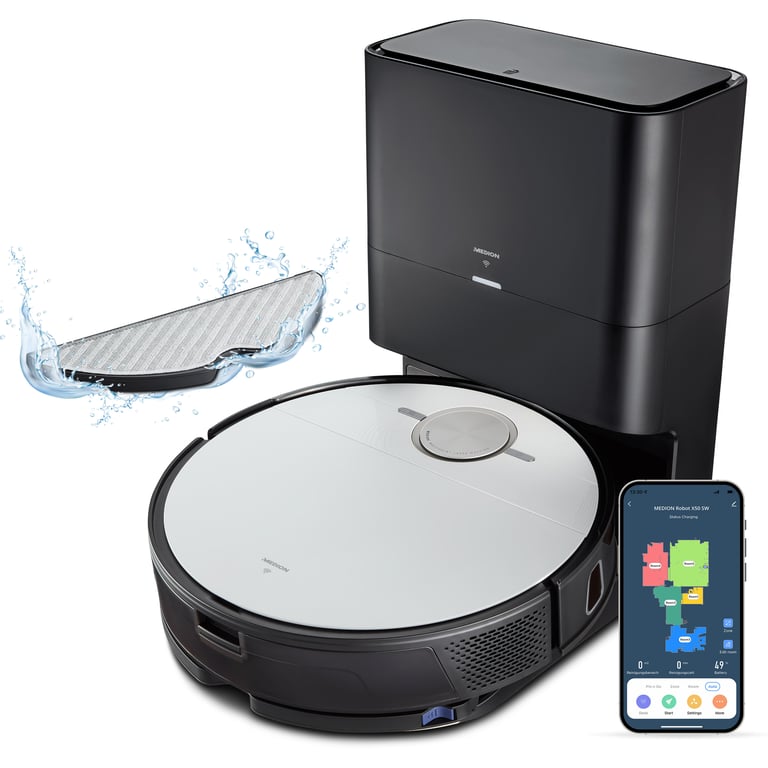 MEDION X50 SW Robot Aspirate0ur Laveur avec Station de Vidange Navigation Laser Puissance 8000 Pa Zones NO GO & GO - vue 2