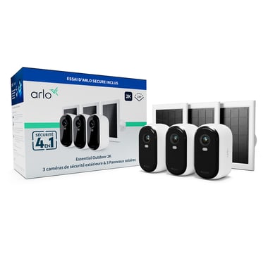Arlo Essential Caméra de sécurité extérieure 2K avec Panneaux Solaires, pack de 3