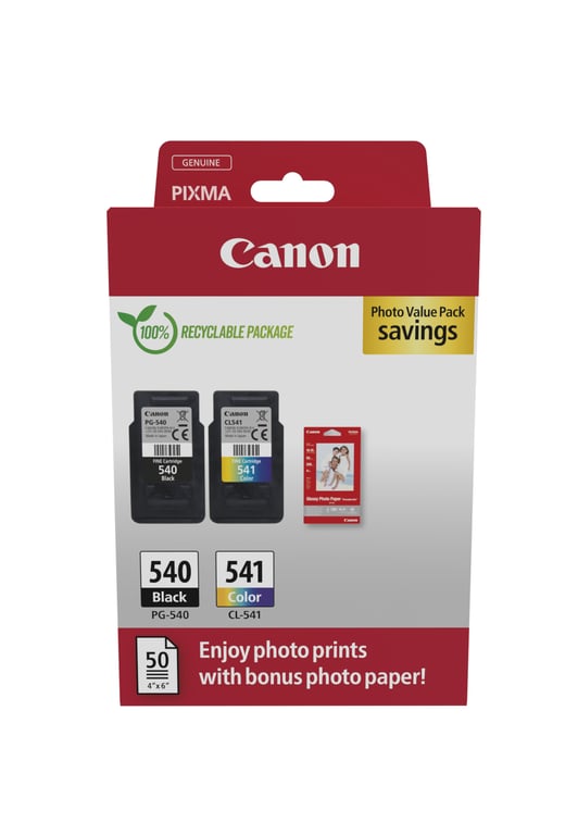 Canon PG-540/CL-541 Pack de 2 Cartouches d'Encre Originales + 50 Feuilles de Papier Photo - 5225B013 - Neuf