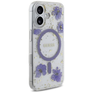 Étui Guess Resin Flowers Glitter MagSafe pour iPhone 16 violet