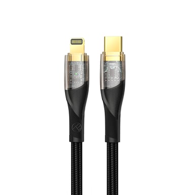Câble de données transparent Tellur USB-C vers Lightning, PD27W, 1 m, noir