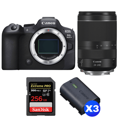 Appareil photo hybride Canon EOS R6 Mark II + RF 24-240mm f/4-6.3 IS USM + 1 SanDisk 256GB Extreme PRO UHS-II + 3 Canon LP-E6NH + Ebook ''20 astuces pour des images qui claquent''