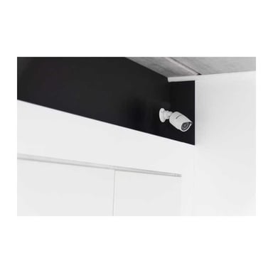 Caméra factice CHACON en aluminium Blanc, style bullet, indicateur LED bleu visible, fixation mur/plafond réglable