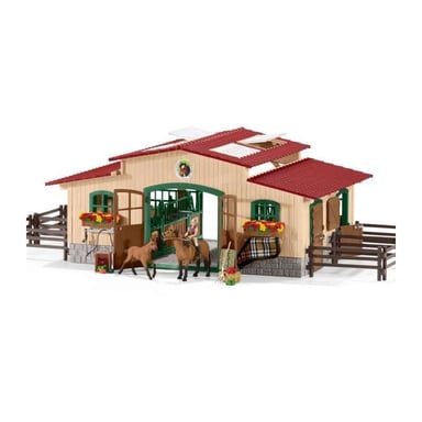 Schleich Figurina 42195 - Animale da fattoria - Stalla con cavalli e accessori