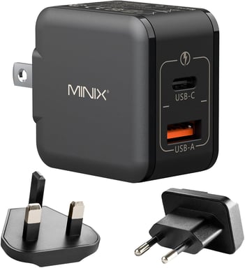 MINIX NEO P1 Mini Cargador GaN 33W PPS de 2 Puertos - 1 Puerto USB-C Cargador Rápido, 1 Puerto USB-A Quick Charge 3.0, Compatible con iPhone 8-15, Galaxy S10-S21, iPad y Más