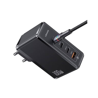 Usams Cargador de red 3 USB-C / 1 USB-A 100W GaN PD 3.0 Ultra Rápido Negro