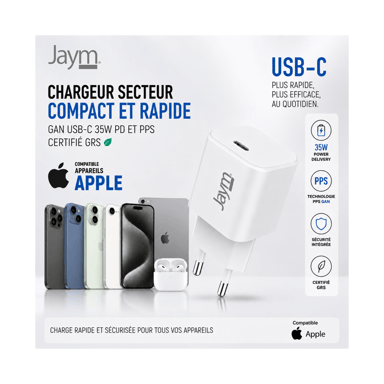 JAYM Cargador de pared USB-C 35w rápido y potente para Apple iPhone 17/16/15/14/13/12/11