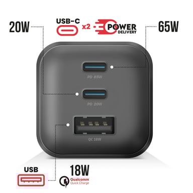 Swissten Cargador de pared 3 USBC 65W + USB 18W Negro