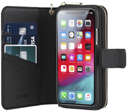 Custodia sottile a portafoglio staccabile 2 in 1 con motivo Saffiano per Apple iPhone X/XS, nero satinato