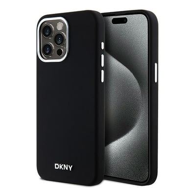 Custodia DKNY per iPhone 15 Pro Max 6,7'' nero Custodia rigida Silicone liquido Logo metallo piccolo MagSafe