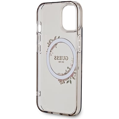 Custodia Guess IML Flowers Wreath MagSafe per iPhone 15, nera