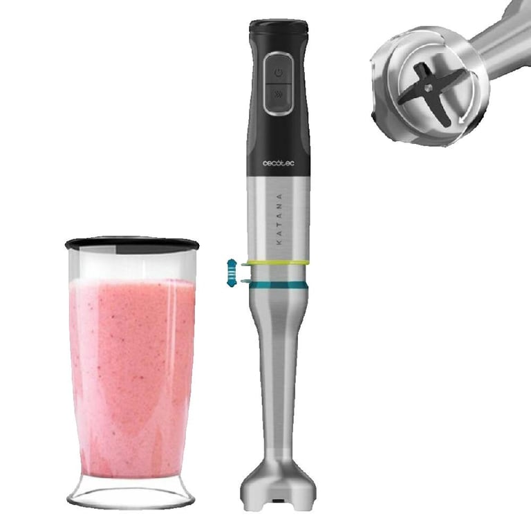 Cecotec Mixeur plongeant Katana TotalDestroy 1200XL DK. Puissance maximale de 21 vitesses et turbo 4 godets en capot anti éclaboussures pied extra long bol gradué de 800 ml.