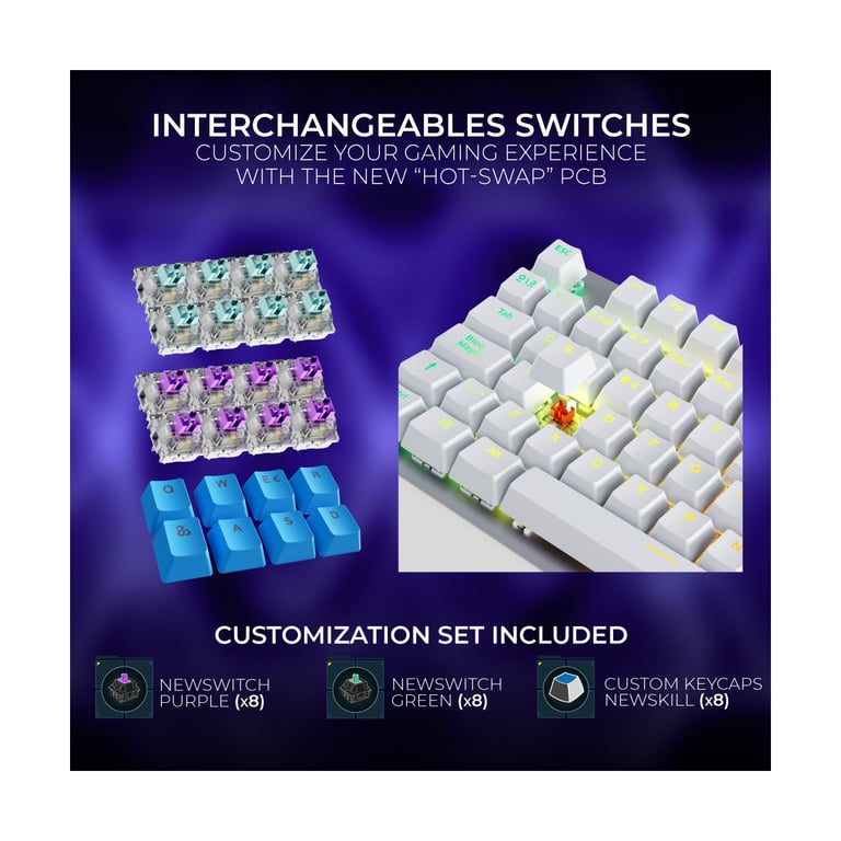 Clavier Gaming Mécanique Newskill Serike V2 Blanc | Switch Red Hotswap | RGB | Châssis Alu | Personnalisable - Neuf